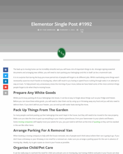 A screenshot of an Elementor Single Post titled Elementor Single Post #1992, featuring house-moving tips including advice on white goods, gardening, parking, and caring for organic vegetables.